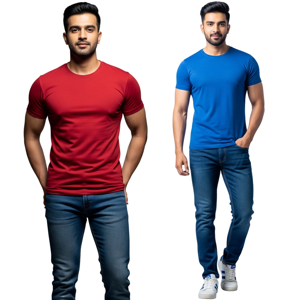 KAVOD93 Men's & Women's Premium Plain PolyCotton |Red and Royal Blue - Pack of 2 | Bio-Washed Cotton T-Shirts | Regular Fit, Round Neck, Half Sleeve | Super Soft Tee